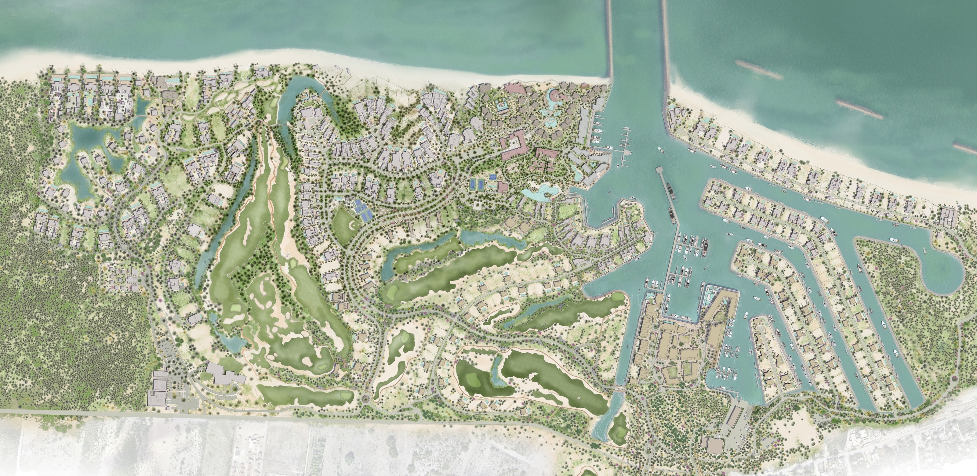 Costa Palmas masterplan rendering with neighborhoods marina and Sea of Cortez beachfront East Cape