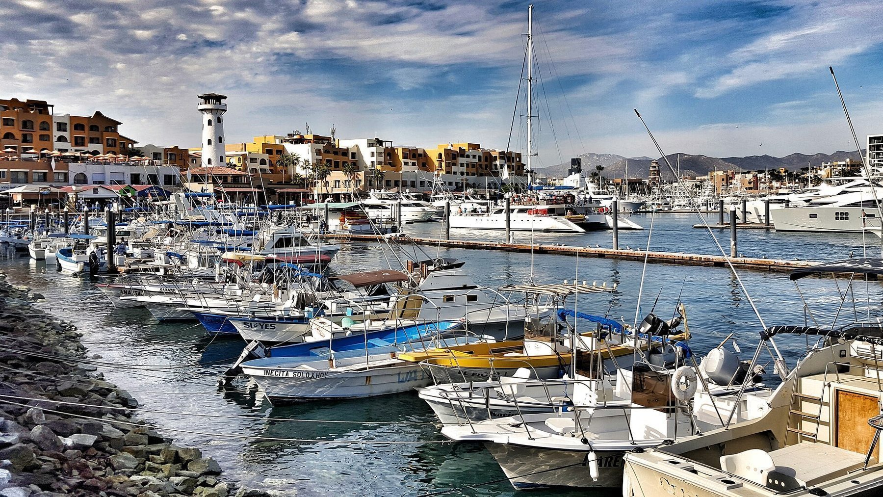 Cabo San Lucas marina and downtown on the Sea of Cortez side of the cape
